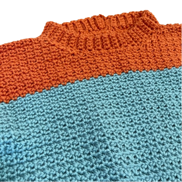 VINTAGE Handmade Orange Teal and Maroon Loose Knit Crochet Pullover Sweater - Picture 6 of 10